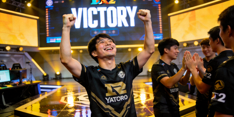 Yatoro选手DOTA2比赛胜利后庆祝